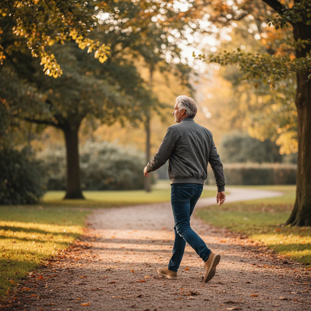 Anonieme man van achteren, actief wandelend door een herfstpark, actieve leefstijl voor mannen boven de 50
