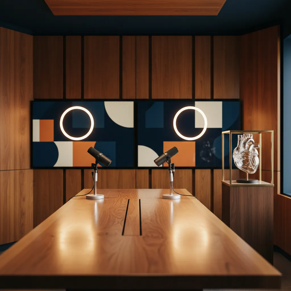 Moderne redactionele podcaststudio met houten wanden en microfoons voor een gezondheidsmagazine